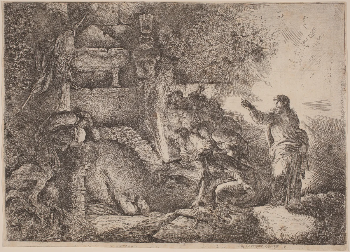 The Resurrection of Lazarus by Giovanni Benedetto Castiglione, print, 1640-1650
