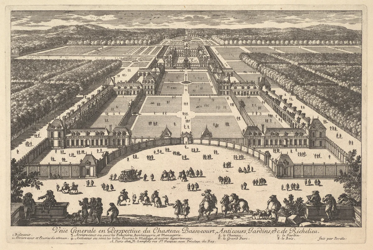 Veüe generale en Perspective du Château Bassecourt, Anticours, Jardins, &c. de Richelieu by Adam Perelle, print, 1640-1695
