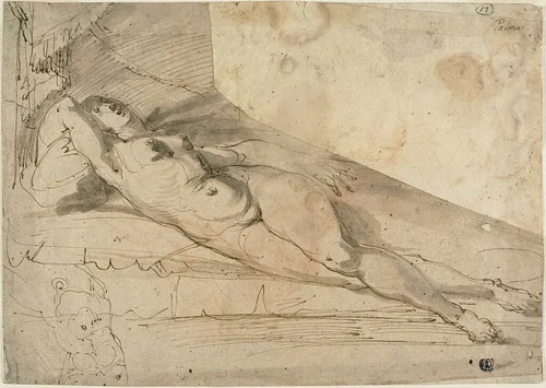 Reclining Female Nude by Unknown Artist, drawing, 1580-1599
