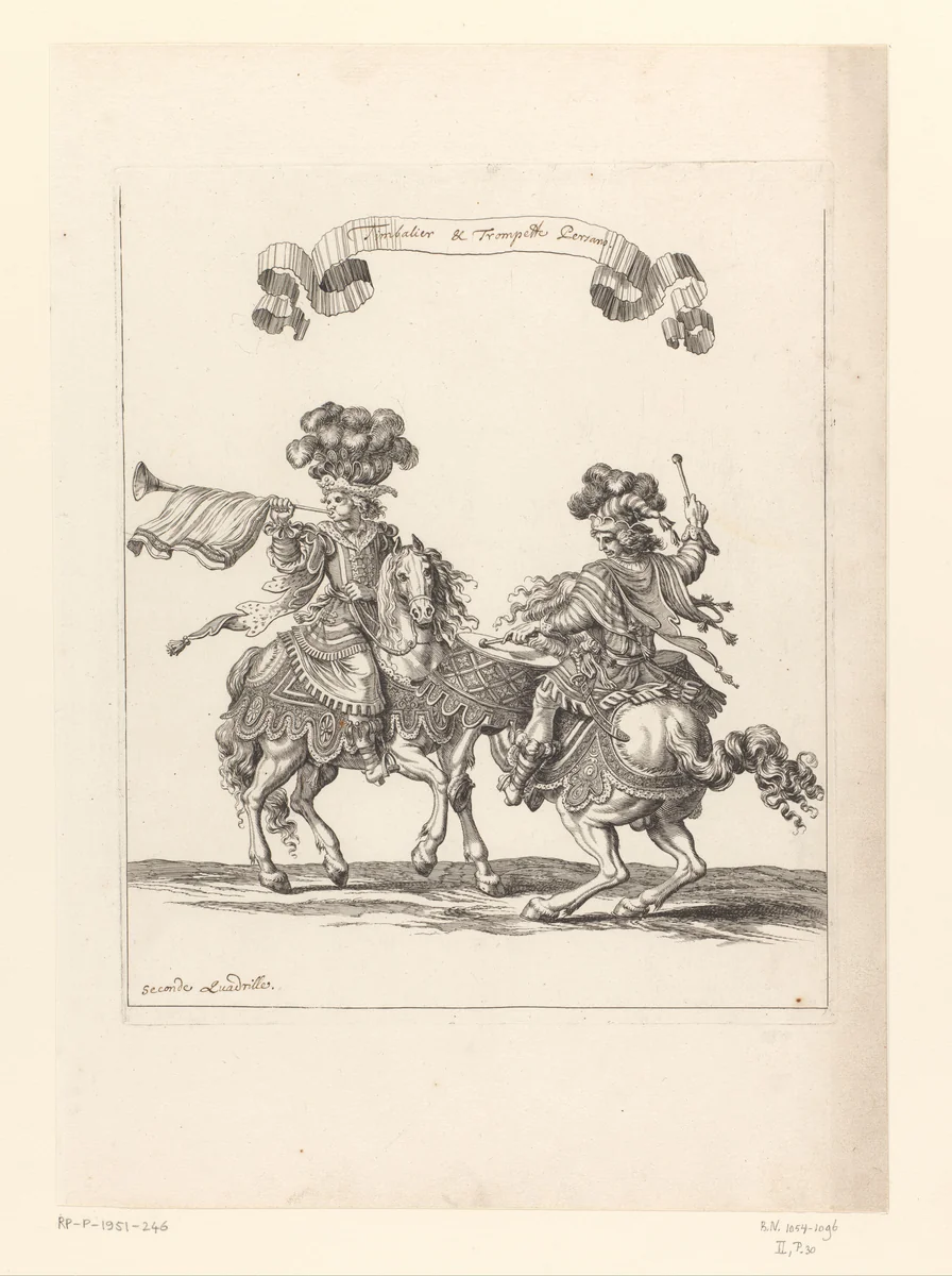 Trommelslager en trompettist te paard in Perzisch kostuum by François Chauveau, print, 1670