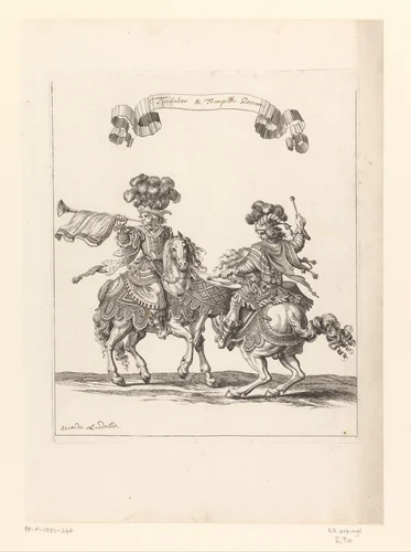 Trommelslager en trompettist te paard in Perzisch kostuum by François Chauveau, print, 1670