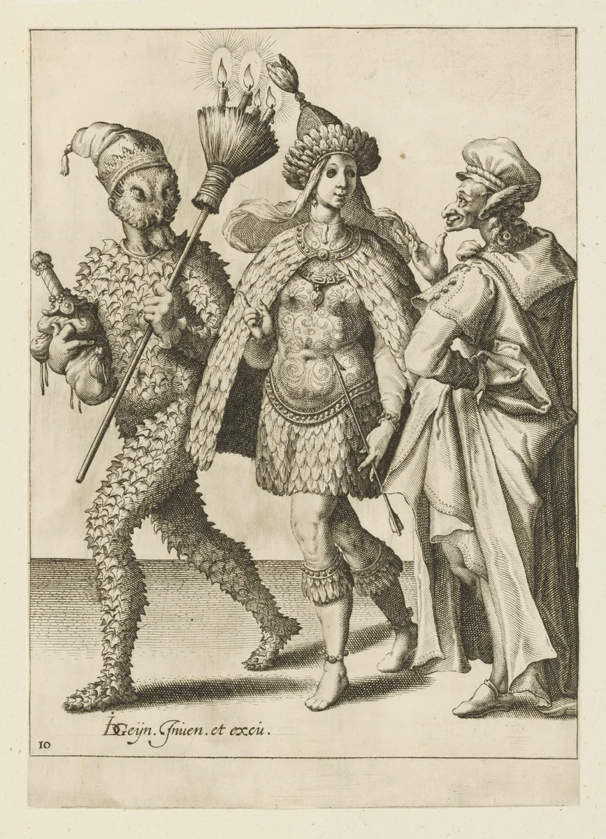 An Old Mummer Addressing a Couple Wearing Costumes, plate 10 from "The Masquerades" by Jacques de Gheyn II, print, 1595-1596