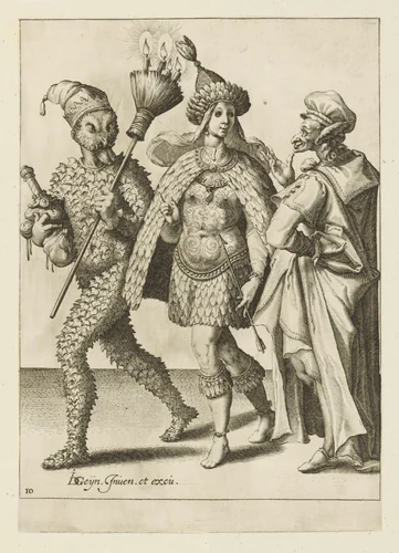 An Old Mummer Addressing a Couple Wearing Costumes, plate 10 from "The Masquerades" by Jacques de Gheyn II, print, 1595-1596
