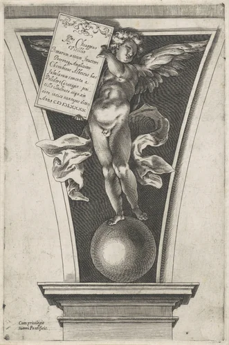 Titelprent met putto met aankondiging by Unknown, print, 1590