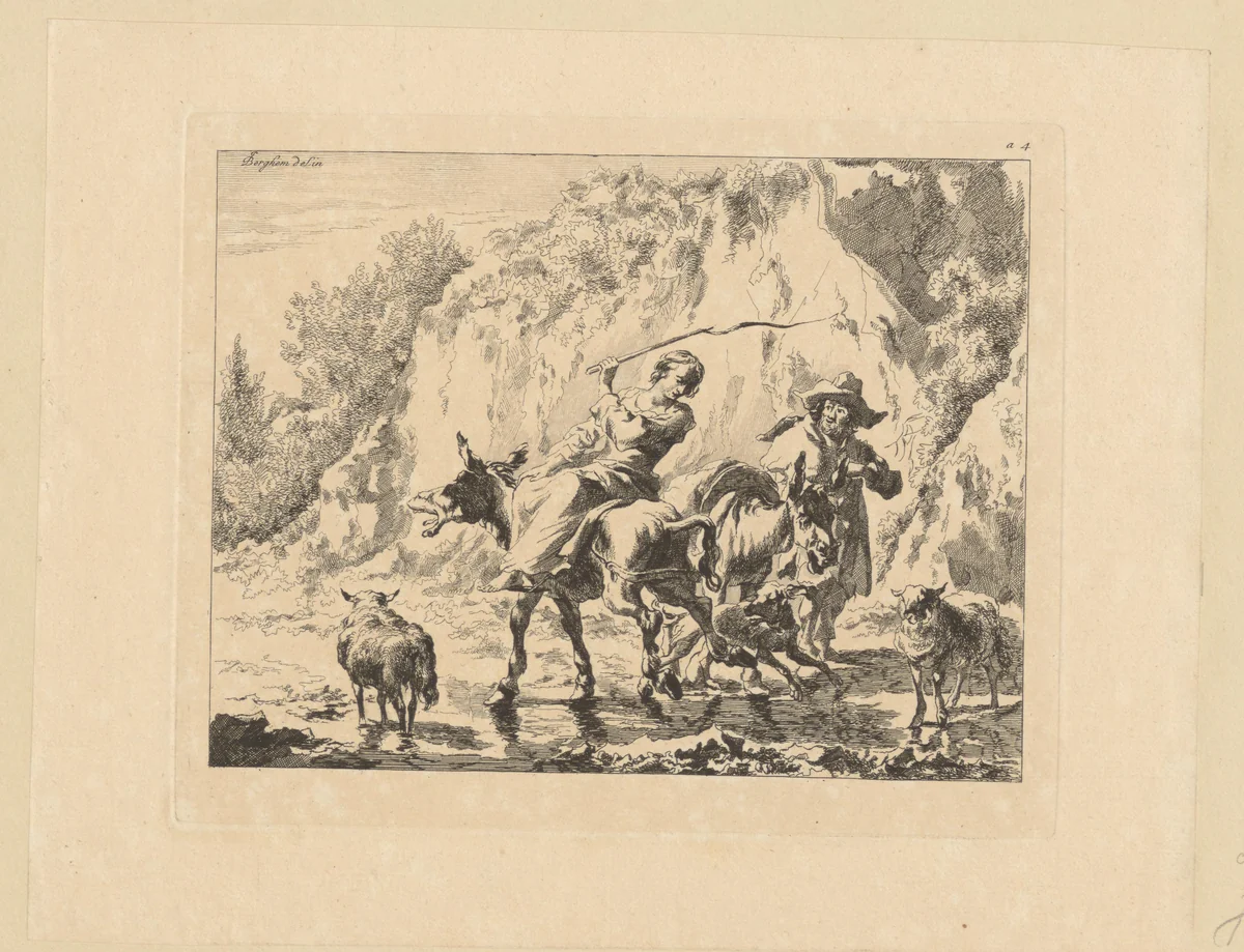 Vrouw in amazonezit met zweep op een ezel by François Vivares, print, 1719-1780