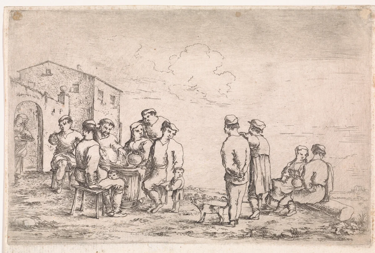 Gezelschap buiten voor een herberg by Cornelis de Wael, print, 1613-1667
