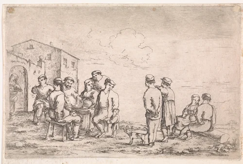 Gezelschap buiten voor een herberg by Cornelis de Wael, print, 1613-1667