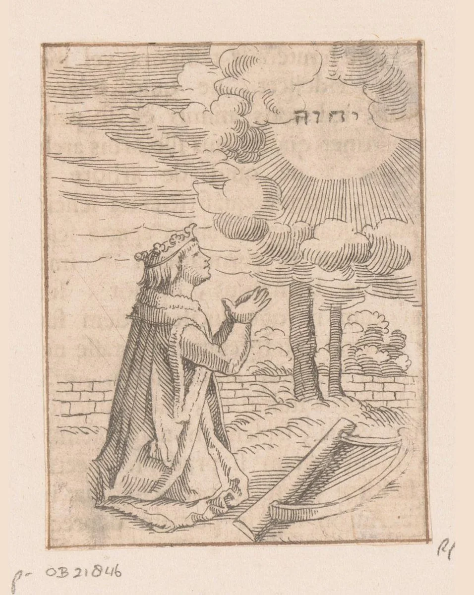 Koning David biddend by Caspar Merian, print, 1516