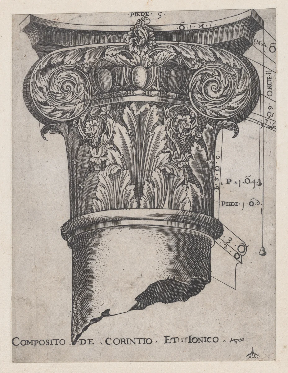 Composite of Corinthian and Ionic, from "Speculum Romanae Magnificentiae" by Monogrammist G.A. with the Caltrop, print, 1534-1540