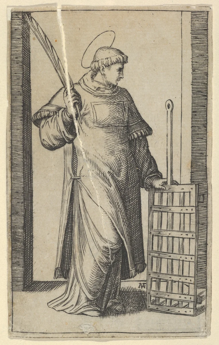 Saint Lawrence, left hand resting on a grill, from "Piccoli Santi" (Small Saints) by Marcantonio Raimondi, print, 1495-1532