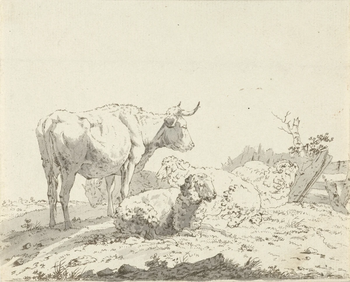 Koe en schapen in een weide by Jan Kobell, print, 1788-1814