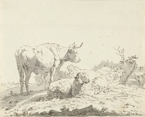 Koe en schapen in een weide by Jan Kobell, print, 1788-1814