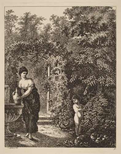 Putto Visiting a Girl at a Fountain by Salomon Gessner, print, 1771