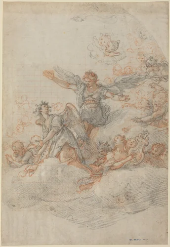 Angels and Putti in the Clouds by Federico Zuccaro, drawing, 1566