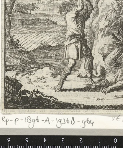 Man bestrijdt met een stok een draak die uit zijn hol te voorschijn is gekomen by Jan Luyken, print, 1693