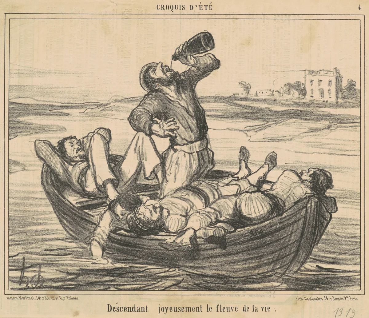 Descendant joyeusement le fleuve de la vie by Honoré Daumier, print, 1856