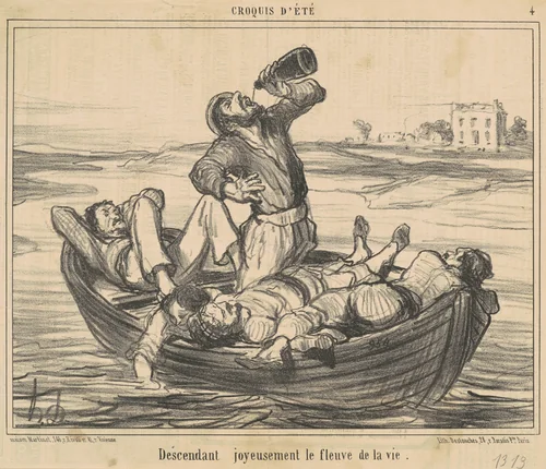 Descendant joyeusement le fleuve de la vie by Honoré Daumier, print, 1856