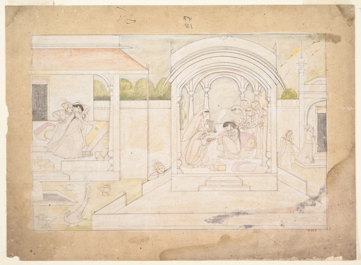The Marital Bliss of Nala and Damayanti: Folio from a Nala-Damayanti Series by Ranjha, painting, 1790-1820