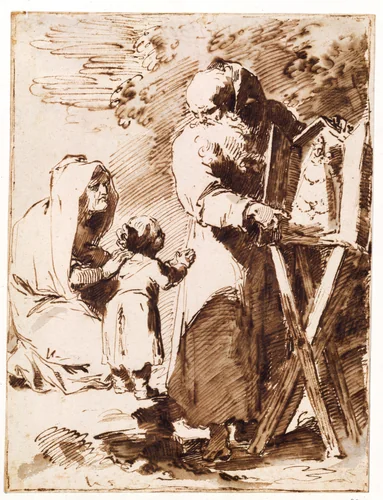 A Bearded Monk Showing a Portable Altar to a Praying Child, with an Old Woman Kneeling by Pietro Antonio Novelli, drawing, 1736-1870