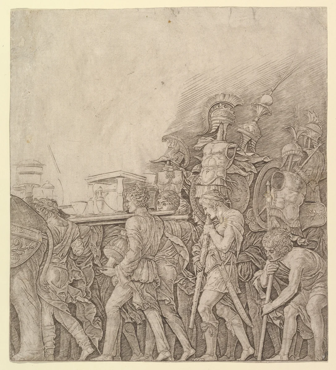 Triumph of Caesar: Soldiers carrying Trophies by Andrea Mantegna, print, 1485-1495