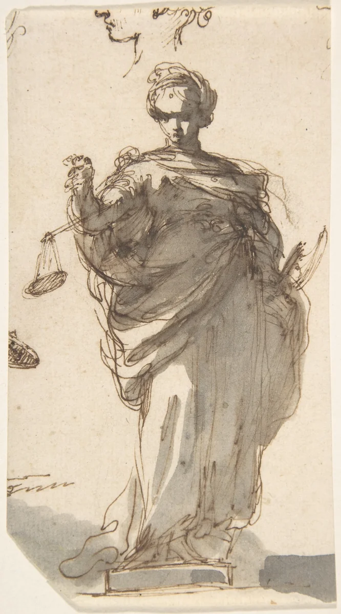 Design for a Statue of Justice with Sketches at Left and Above by Giuseppe Bernardino Bison, drawing, 1775-1844