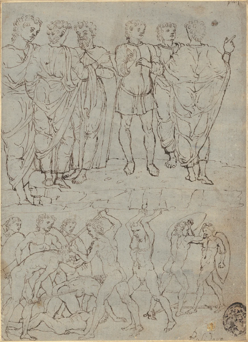 Six Conversing Men and Ten Battling Nudes by Anonymous Artist; Francesco Squarcione, drawing, 1460-1470