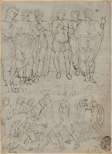 Six Conversing Men and Ten Battling Nudes by Anonymous Artist; Francesco Squarcione, drawing, 1460-1470