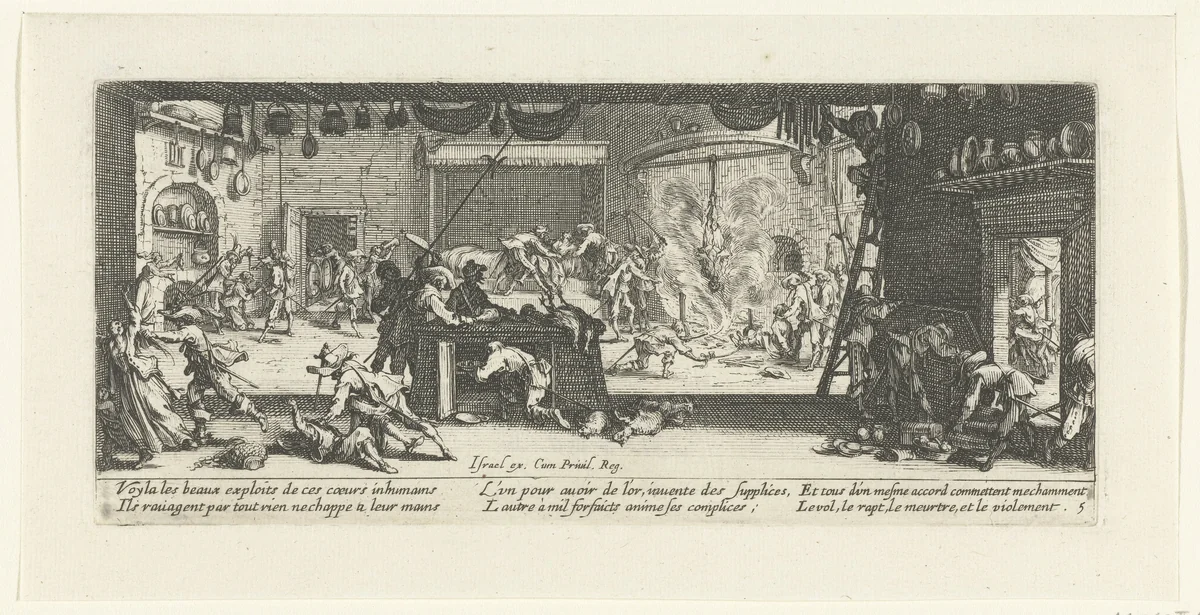 Soldaten plunderen een boerderij by Jacques Callot, print, 1633