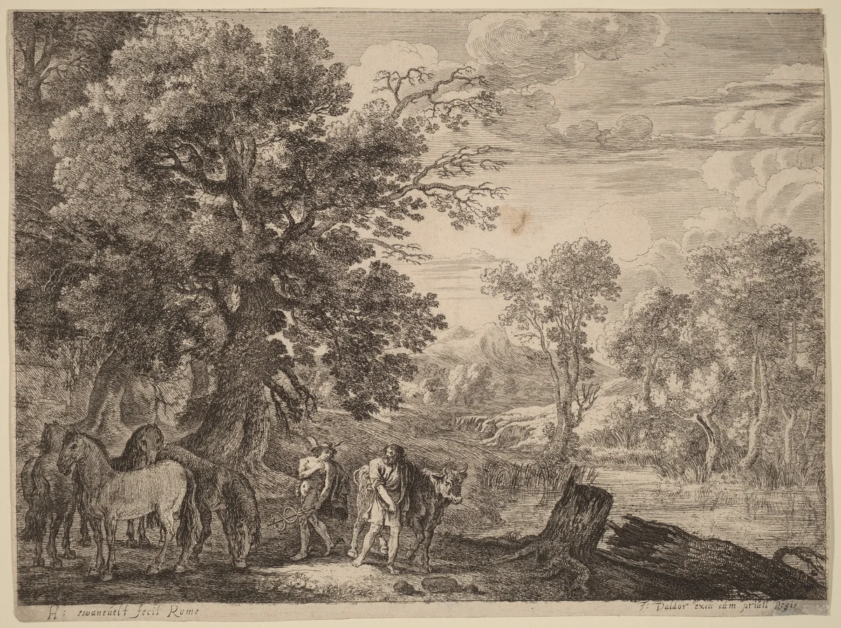 Mercury Silencing Battus by Herman van Swanevelt, print, 1600-1655