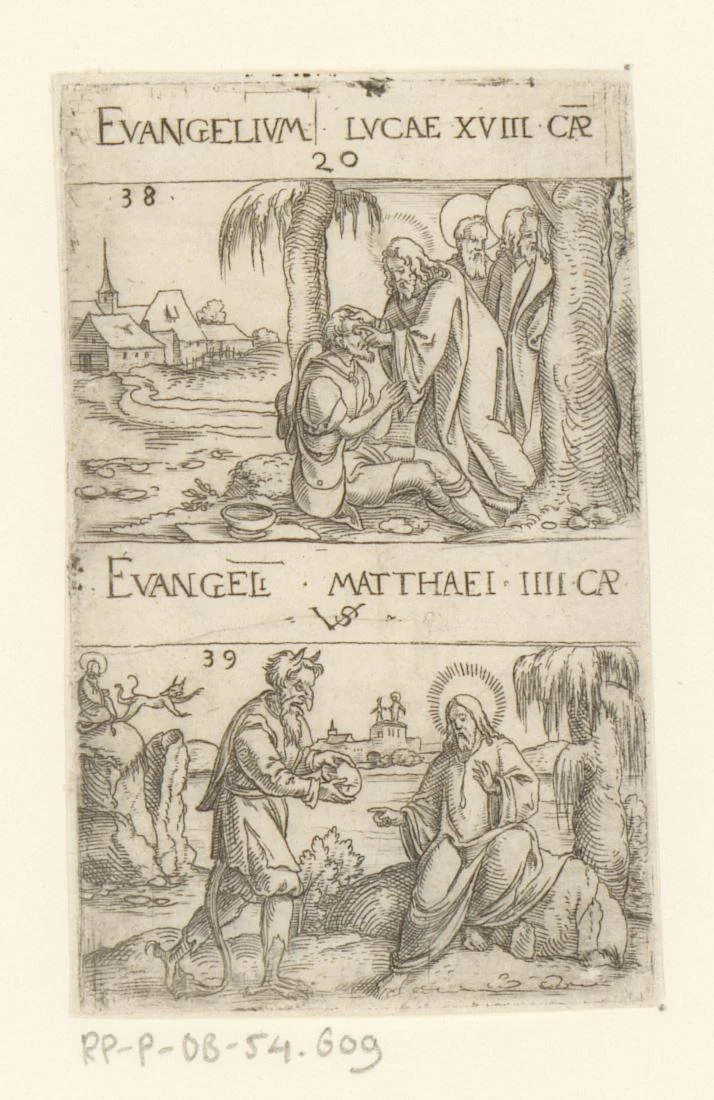 Christus geneest een blinde en de verzoeking in de woestijn by Unknown, print, 1524-1562