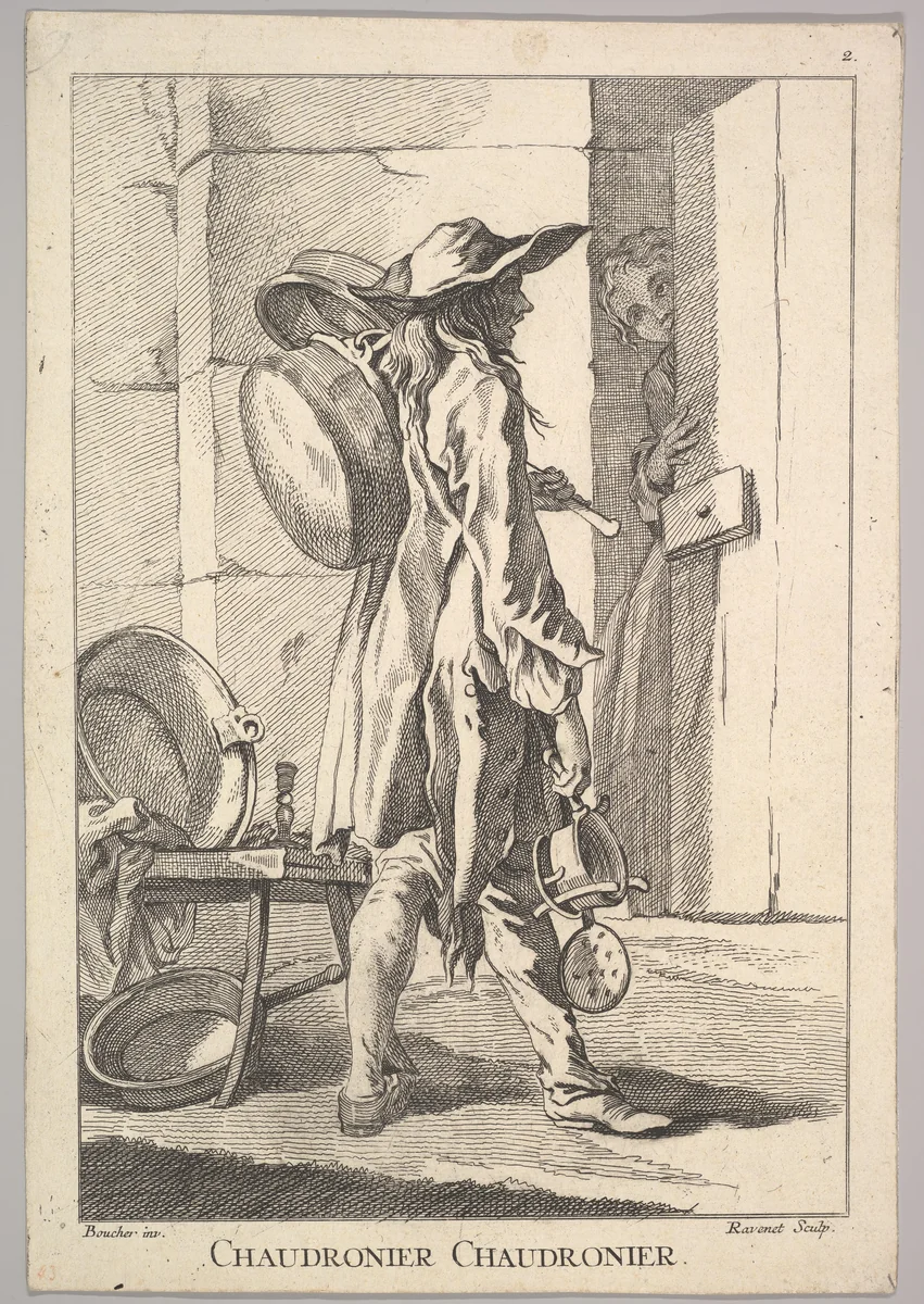 Reverse copy of Chaudronier Chaudronier (Boilermaker Boilermaker), plate 2 from "Le Cris de Paris" (The Cries of Paris) by Simon Ravenet, print, 1721-1774