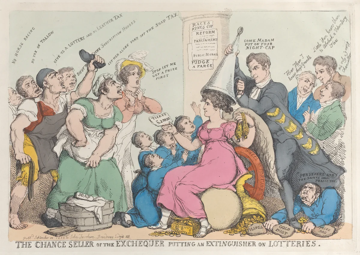 The Chance Seller of the Exchequer Putting an Extinguisher on Lotteries by Thomas Rowlandson, print, 1823