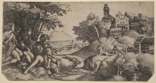 Shepherds in a Landscape by Domenico Campagnola; Giulio Campagnola, print, 1517
