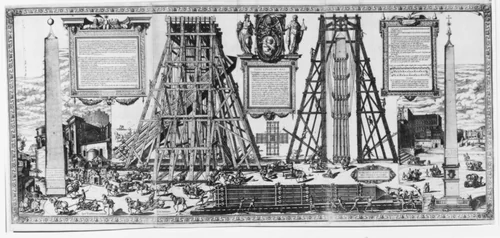 Moving the Vatican Obelisk, from "Speculum Romanae Magnificentiae" by Natale Bonifacio, print, 1586