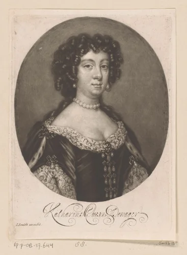 Portret van Catharina van Bragança by Isaac Beckett, print, 1685-1715