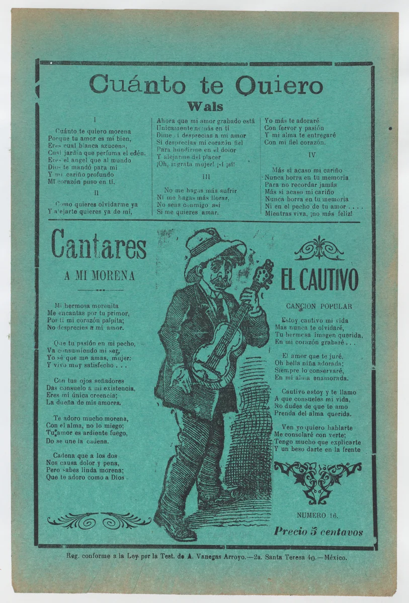 Broadsheet with three love songs; a man singing and playing the guitar by José Guadalupe Posada, print, 1900-1920