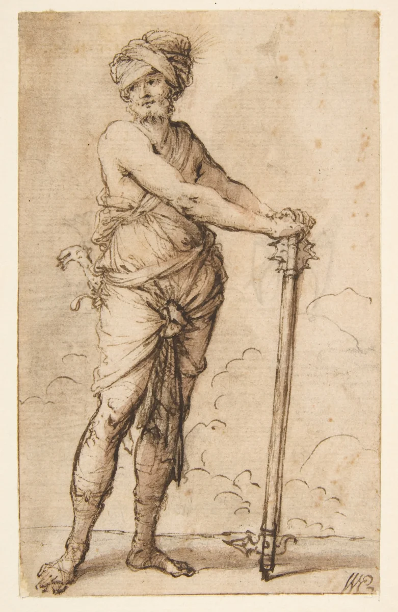 Turbaned Warrior Holding a Mace by Salvator Rosa, drawing, 1615-1673