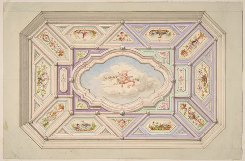 Design for a ceiling with a putto by Jules-Edmond-Charles Lachaise, drawing, 1850-1900