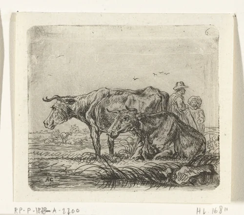 Twee koeien met een herder en een kind by Ernst Willem Jan Bagelaar, print, 1814