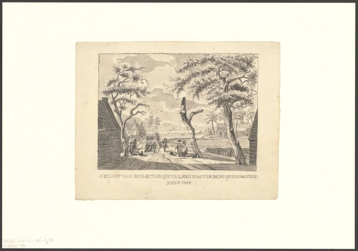 Gezicht op een batterij over de Duivendrechtsebrug by anonymous, drawing, 1787-1899