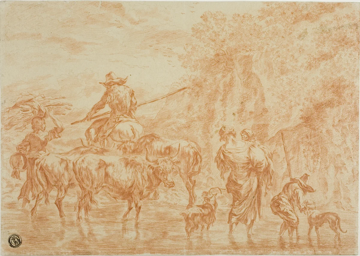 Peasants and Cattle Crossing Ford by Nicolaes Berchem the Elder, drawing, 1700-1799