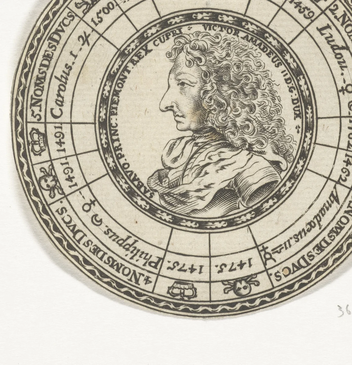 Penning met het portret van Victor Amadeus II en de namen van de hertogen van Savoye by anonymous, print, 1706