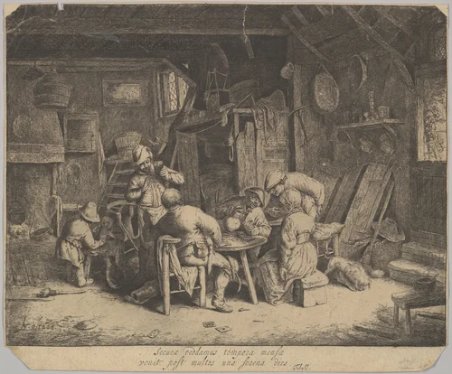 The Breakfast (Le Gourmet en Compagne) by Adriaen van Ostade, print, 1625-1685