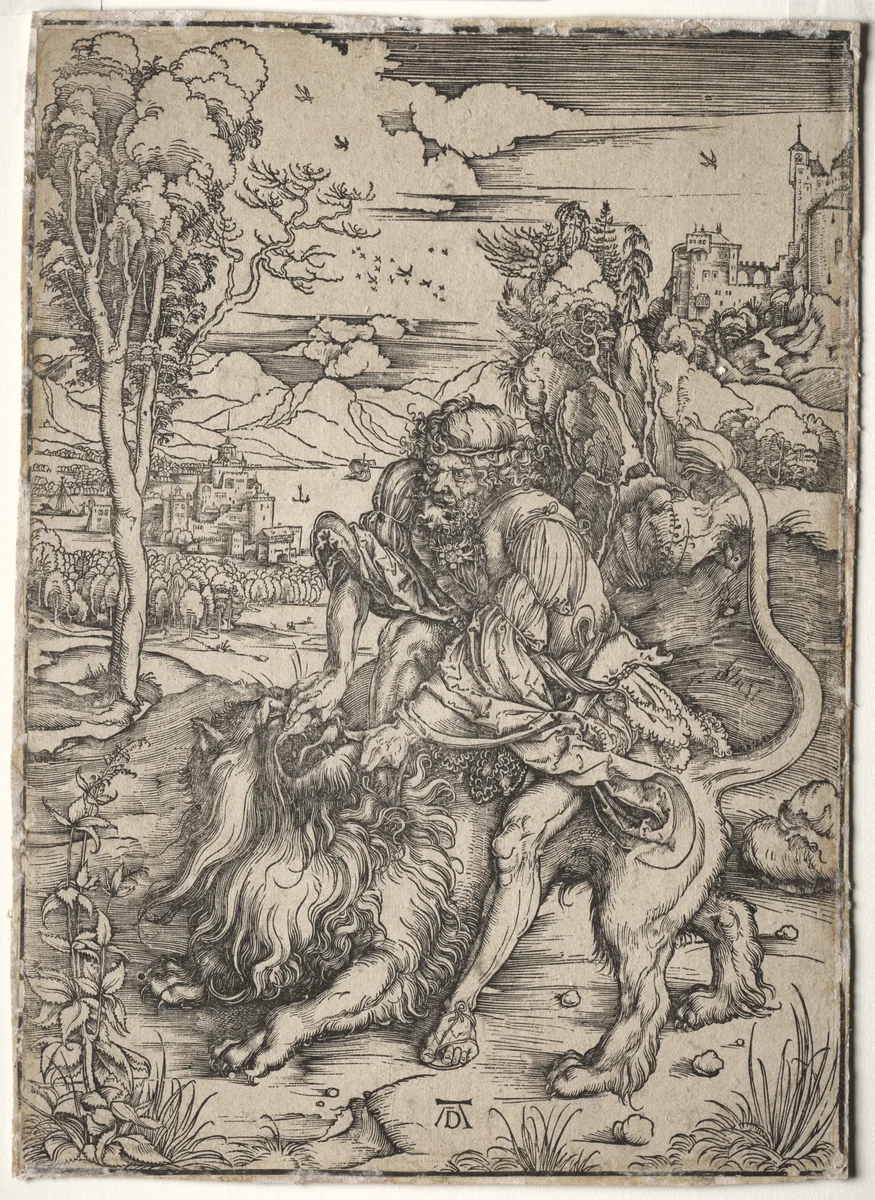 Samson Killing the Lion by Albrecht Dürer, print, 1496-1497