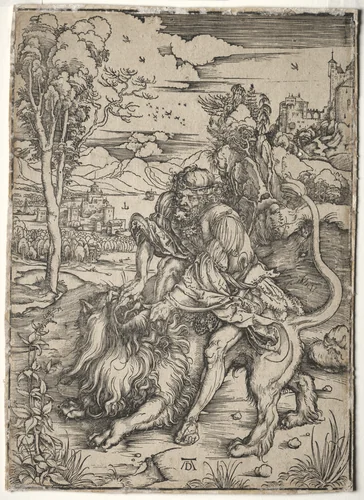 Samson Killing the Lion by Albrecht Dürer, print, 1496-1497