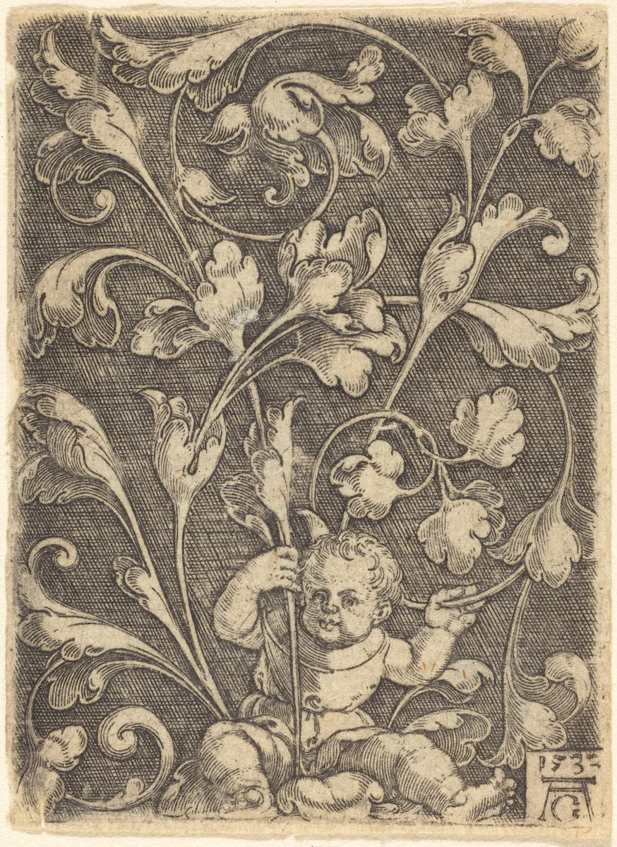 Scroll Ornament with Seated Child by Heinrich Aldegrever, print, 1532