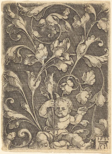 Scroll Ornament with Seated Child by Heinrich Aldegrever, print, 1532