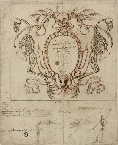 Funereal Cartouche with Inscription and Sketches of Skeletons and Ornamental Details by Baccio del Bianco, drawing, 1628