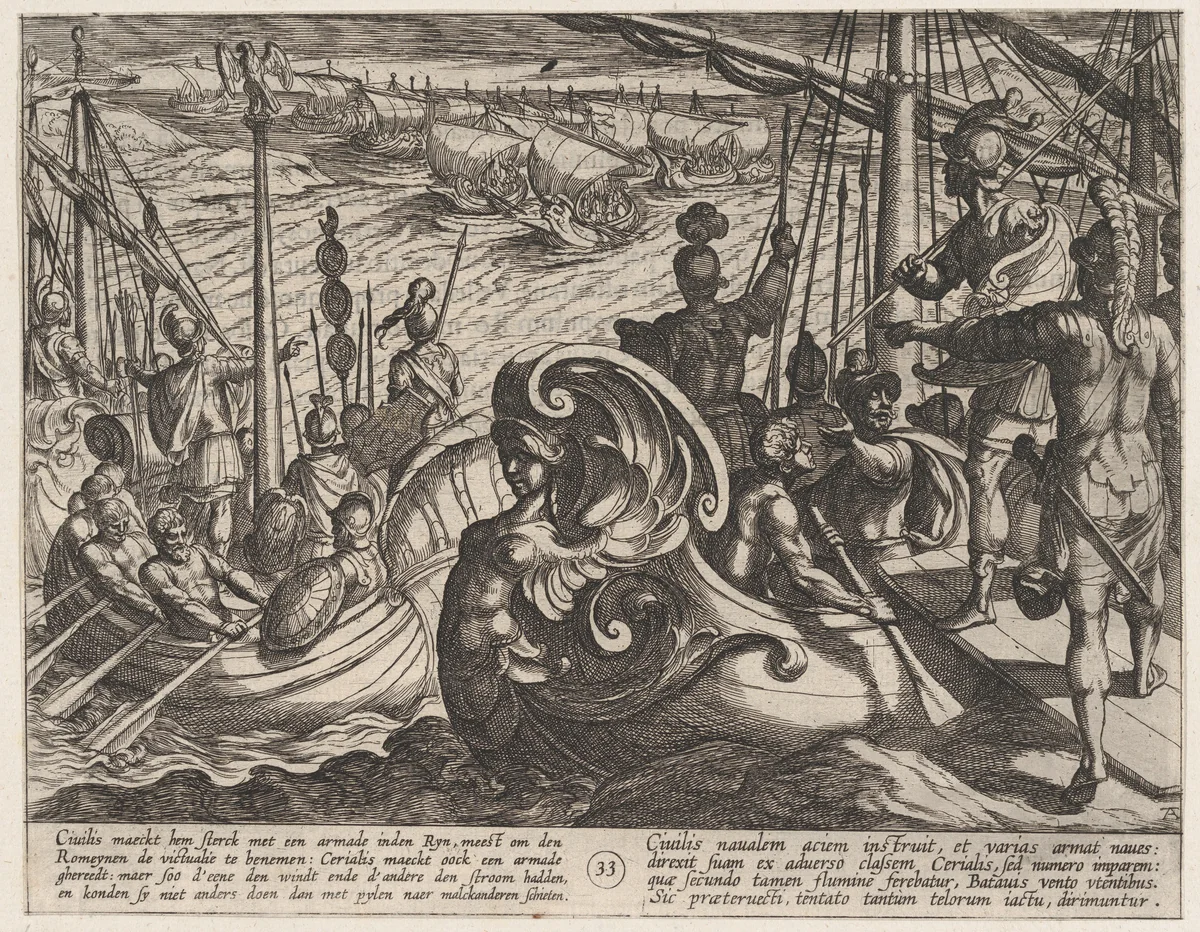 Plate 33: Dutch and Roman Flotillas on the Rhine, from The War of the Romans Against the Batavians (Romanorvm et Batavorvm societas) by Antonio Tempesta, print, 1611-1612