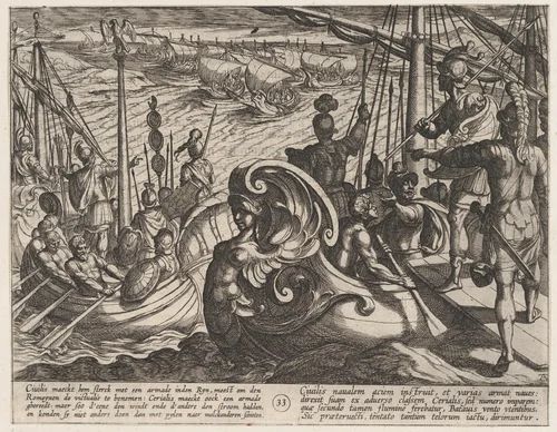 Plate 33: Dutch and Roman Flotillas on the Rhine, from The War of the Romans Against the Batavians (Romanorvm et Batavorvm societas) by Antonio Tempesta, print, 1611-1612
